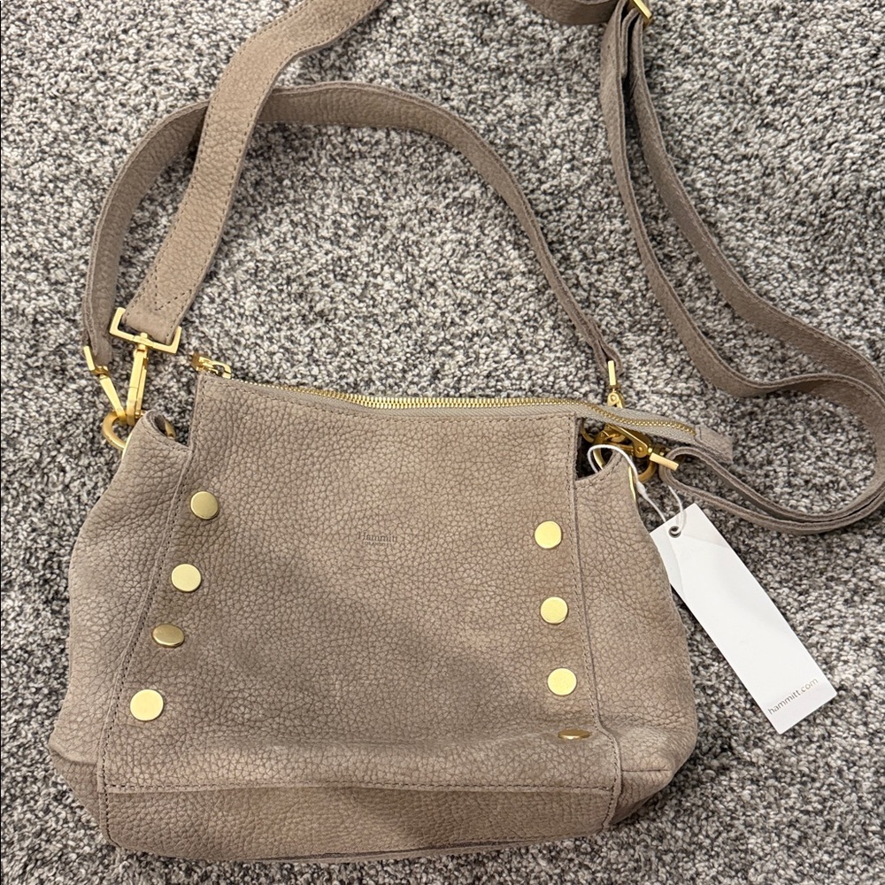 Hammitt Taupe Pebble Leather Crossbody with Gold Studs